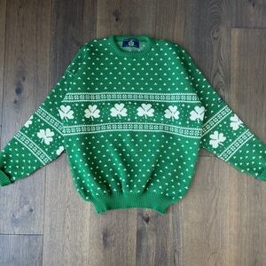 Vintage Blarney Castle Sweater Mens XL 100% Irish Wool Green Shamrocks St. Patty